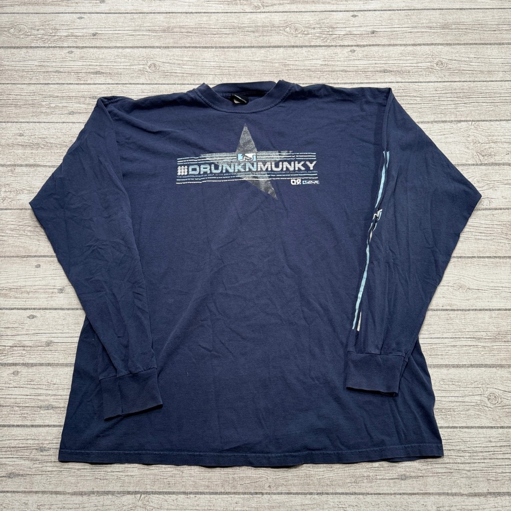 Y2K Drunknmunky Shirt Men's 2XL Navy Blue Long Sleeve Graphic Streetwear Skater